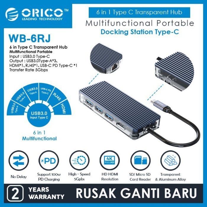 ORICO WB-6RJ Type-C 6-in-1 Transparent Hub