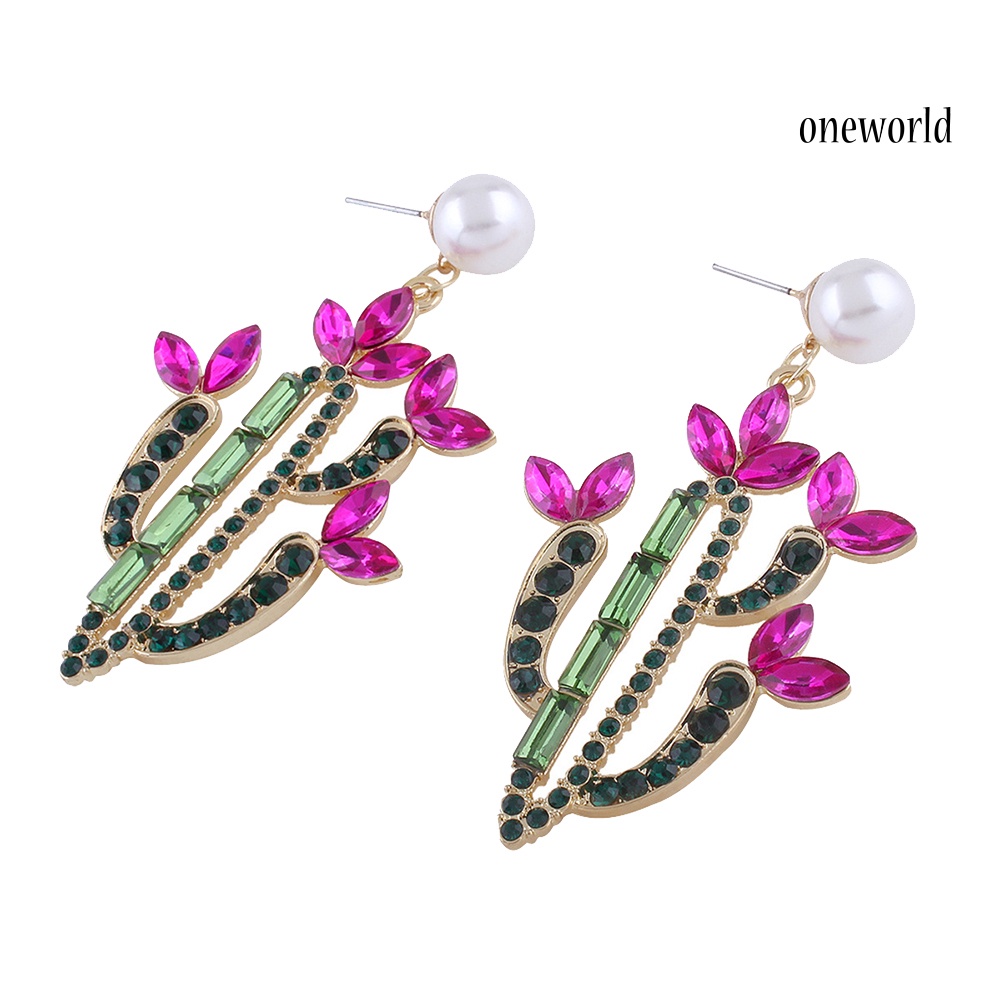 OW@ Women Colorful Rhinestone Cactus Faux Pearl Charm Statement Stud Earrings Gift