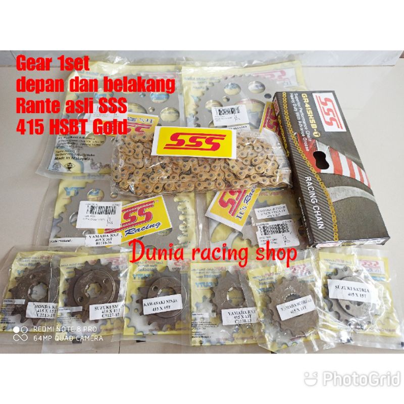 Gear set sss Gir set sss 415 Vixion MX king CB 150 CBR Ninja S R RR Scorpio Tiger Megapro Verza Sonic 150 RX king Jupiter MX Supra GTR 150 Byson R15 Vega R NJMX Karisma Supra 125 Smash Shogun Rante SSS 415 HSBT Gold