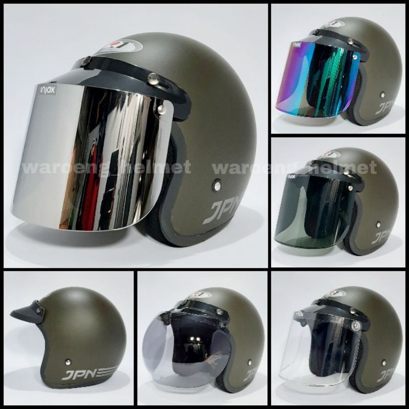 HELM BOGO JPN ORY HIJAU ARMY DOP SET KACA DATAR/CEMBUNG DAN PET