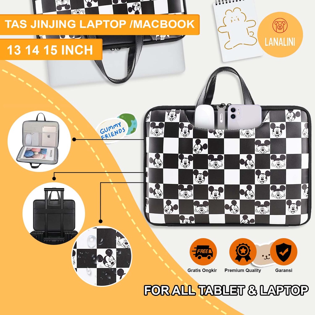 Sleeve Pouch Sarung Tas Bag Case Ipad Tab Tablet Macbook Air Pro Laptop Asus Acer Lenovo HP Huawei 11 12 13 14 15 inch Motif Gambar Kartun Cartoon Mickey Mouse Kotak Warna Hitam Black RedCute Murah Korean Model Jinjing Tali Strap Waterproof Tahan Air