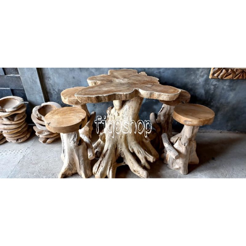 Meja Bar Akar Kayu Jati Utuh Model Jamur Unik Furniture Jepara