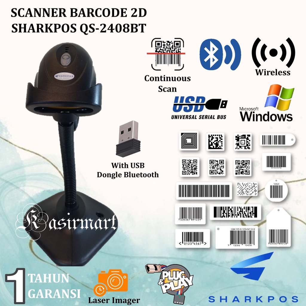 2D Barcode Scanner Bluetooth Wireless Sharkpos QS 2408 USB Bluetooth Plus Stand Scan Barcode Barang QR EFaktur Resi Pengiriman Expedisi Gudang