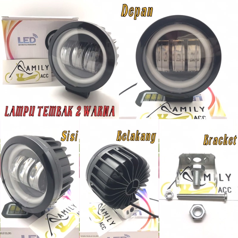 Lampu Tembak Sorot LED 3 Lensa Bulat Ring Biru / Lampu Tembak 2 Warna Putih n Kuning Universal