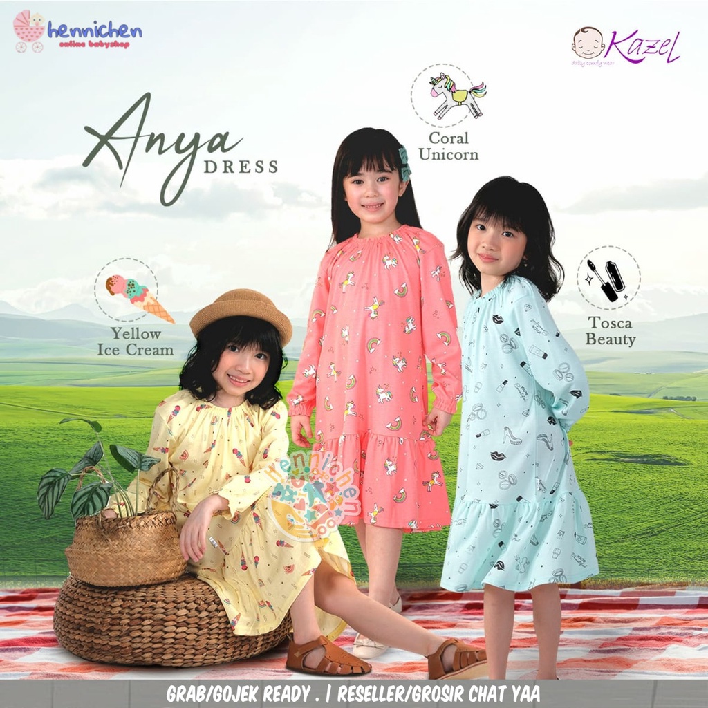 KAZEL x ZEBE ANYA DRESS MOTIF LENGAN PANJANG BAJU ANAK PEREMPUAN DRESS ANAK PEREMPUAN 1-12 TAHUN