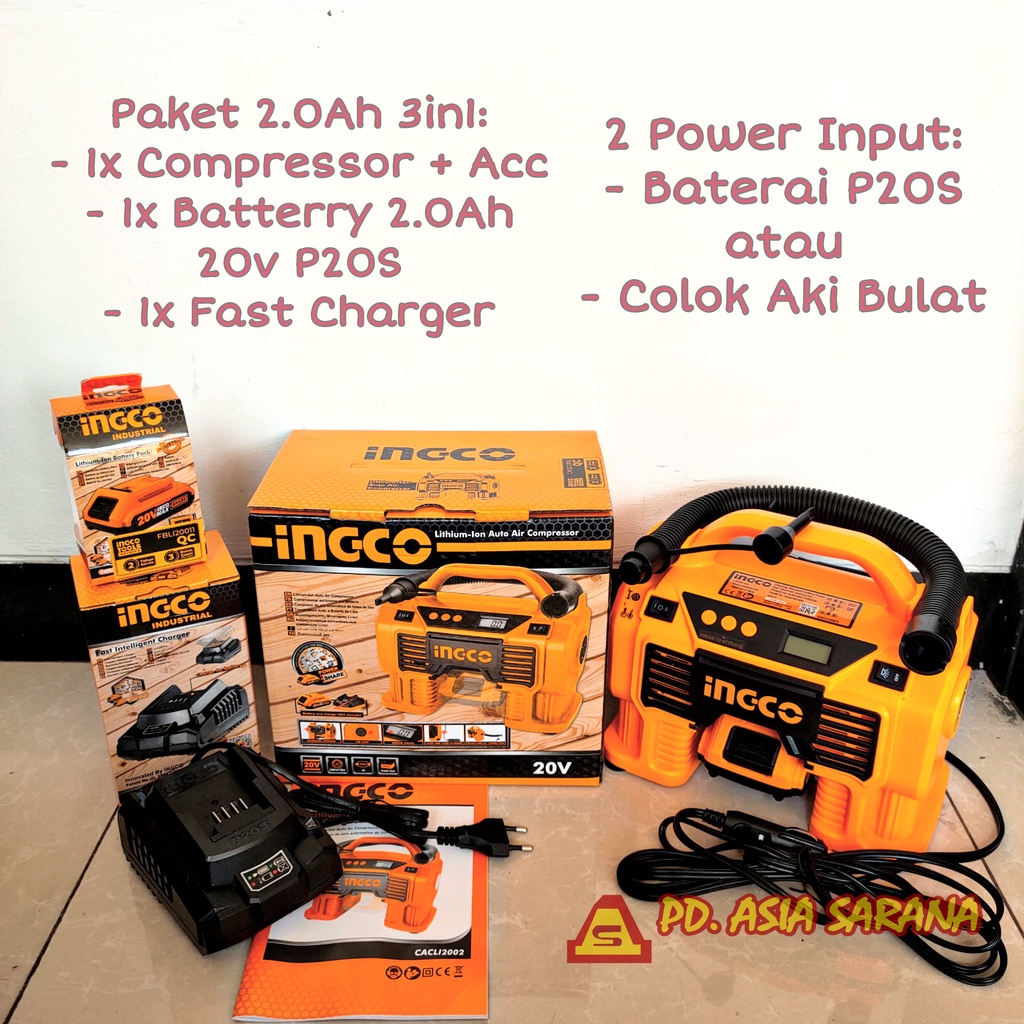 Cordless Mini Compressor DC INGCO CACLI2002 Pompa Angin Ban Truk P20S
