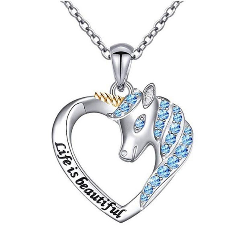 Kalung 925 Silver Dengan Liontin Kristal Sapphire Bentuk Hati Unicorn Untuk Wanita