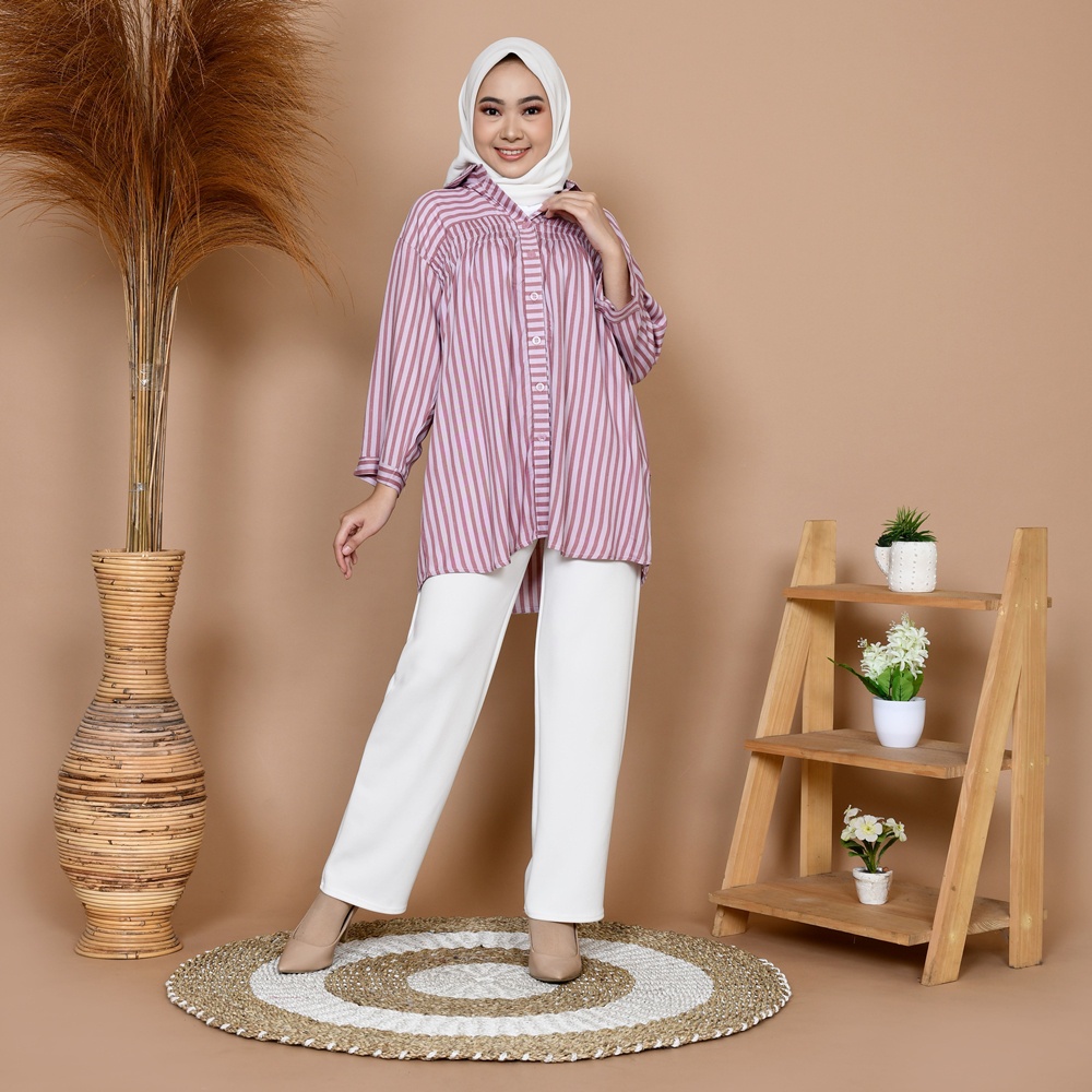 NHM Kemeja Wanita Jumbo, Baju Atasan Jumbo Motif Salur