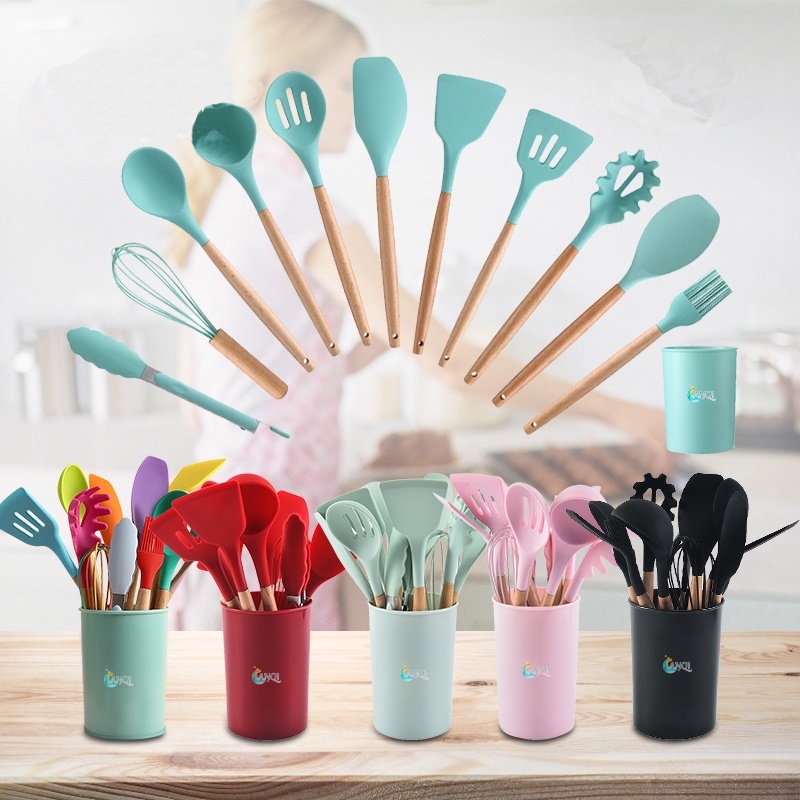 KAGK 4/5/12Pcs Set Alat Masak / Wheat Straw Piring  Bulat /Piring Kotak/Silikon Spatula / Kitchen Set Oil Brush