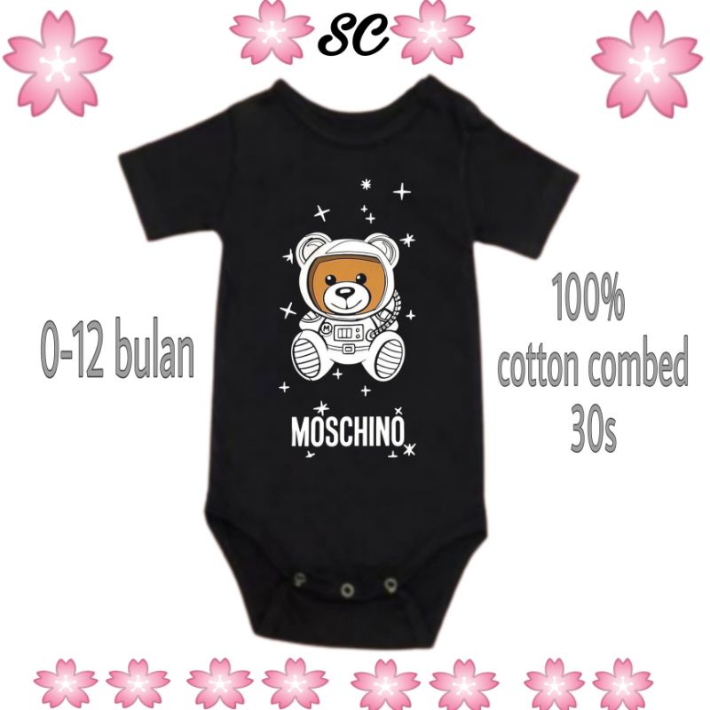 SC Kaos baju bayi jumper baby kids pendek viral Brand MOSCHINO luar angkasa logo tulisan custom usia 0 1 2 3 4 5 6 7 8 9 10 11 12 bulan sampai umur 1 tahun adem jumpsuit babysuit romper bodysuit little anak kecil hitam laki laki perempuan nyaman lembut