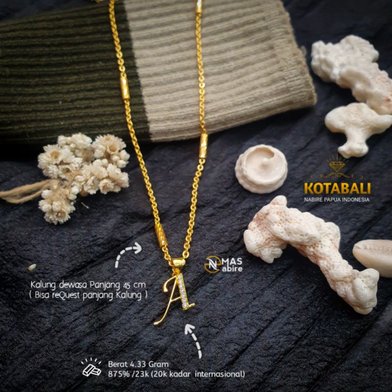 Kalung emas model bambu + liontin huruf A emasnabire 875%