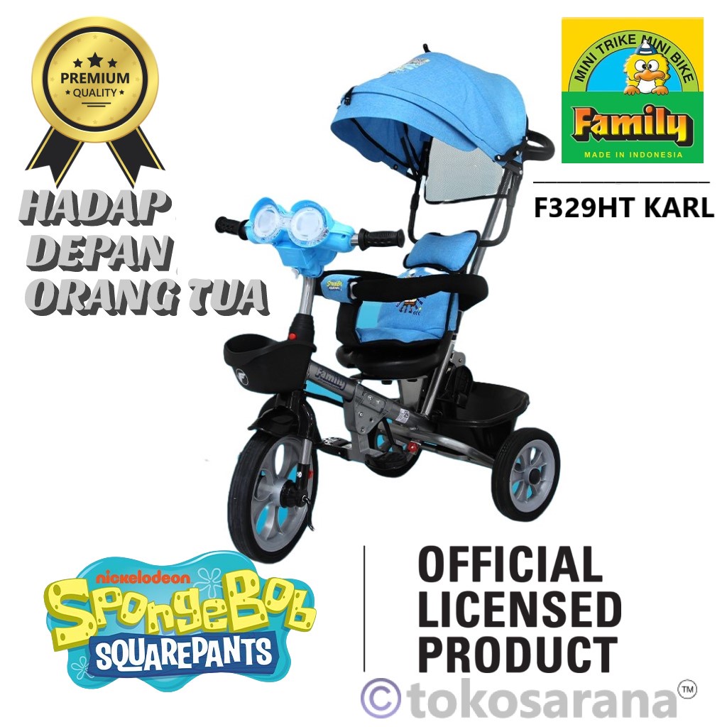 Sepeda Roda Tiga Anak Family F329HT SpongeBob SquarePants Ban Karet Hadap Depan / Orang Tua Tricycle