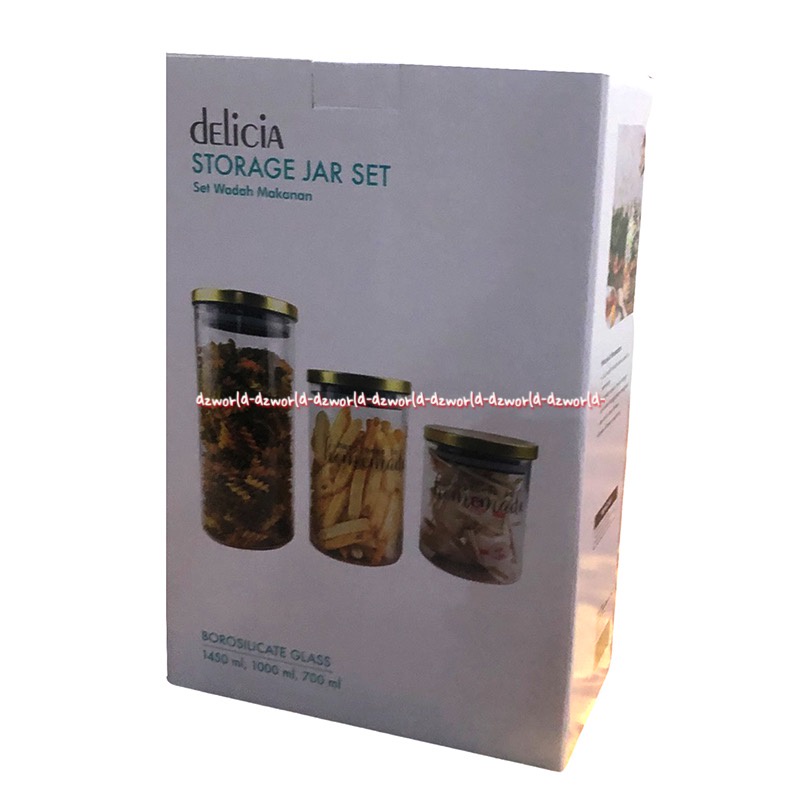 Delicia Storage Jar Set 3pcs Wadah Makan Toples Kaca Delisia Topples Tempat Kue Lebaran Cookies Kerupuk Cemilan