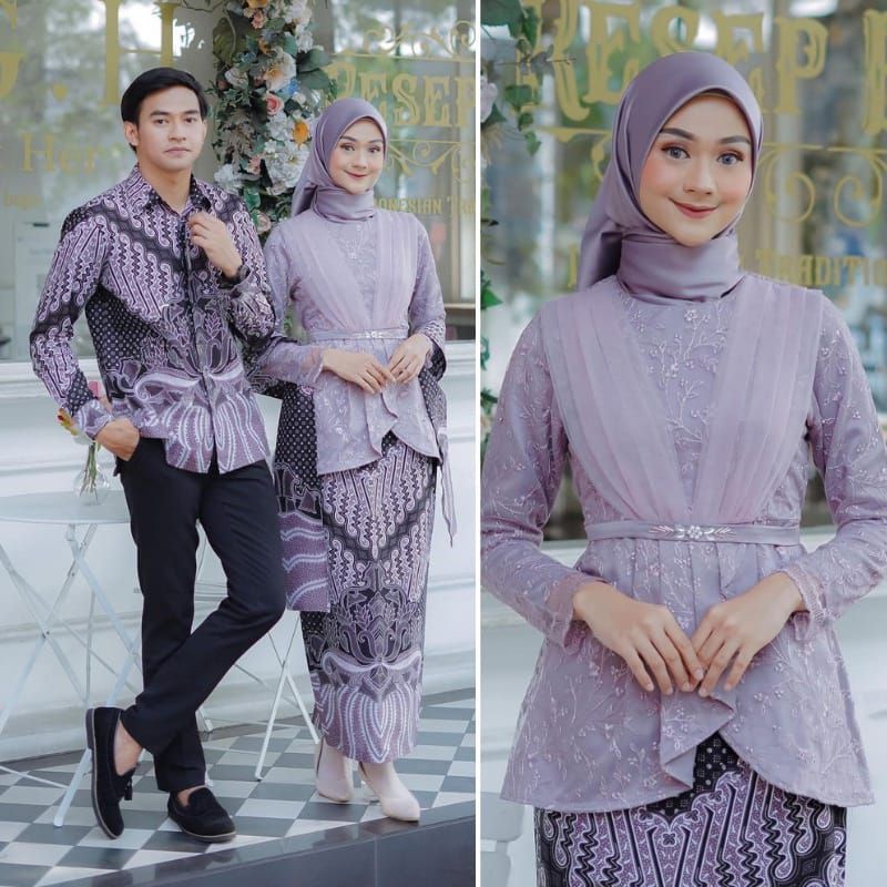 AZKANA BATIK - Kebaya Couple Brokat Modern Azmi Kebaya Wisuda dan Kondangan Kebaya Couple Batik Prima Lengan Panjang Set Wanita Modern