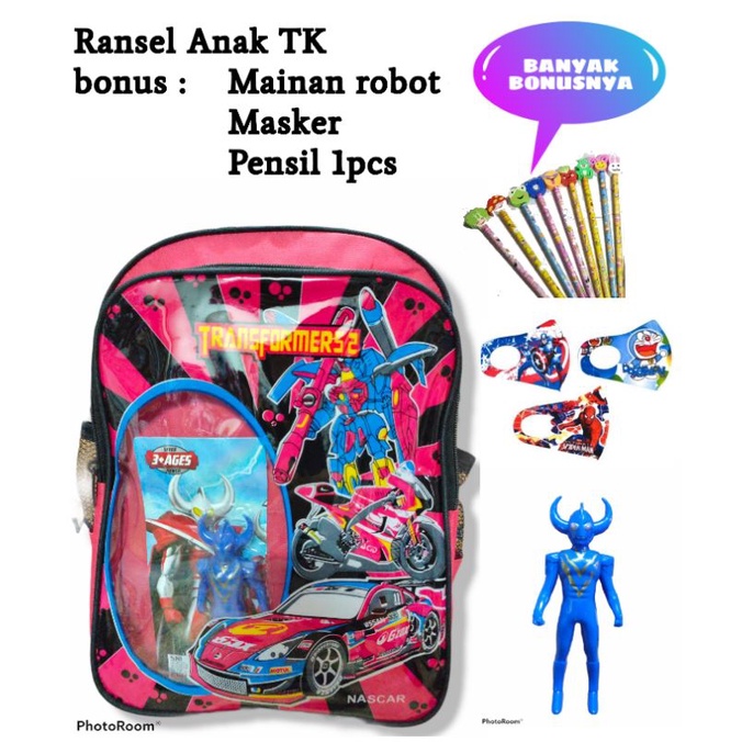 Tas ransel anak TK SD gratis mainan robot masker pensil Tas sekolah