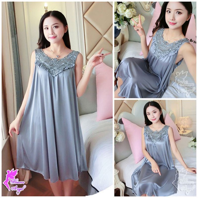 Daster tidur wanita Oversize jumbo satin blen lace impor.