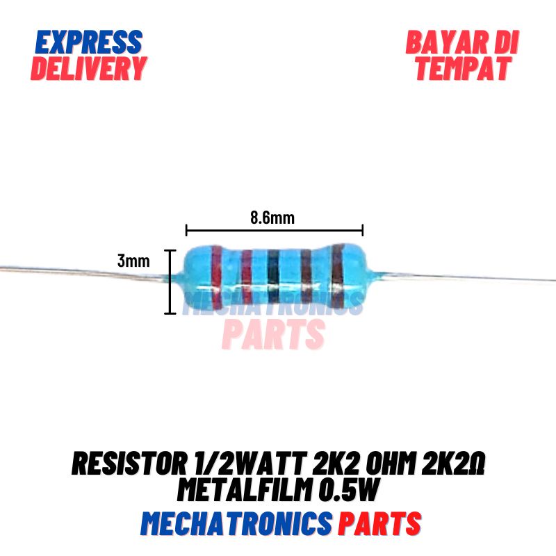 5 Buah Resistor 1/2Watt 2K2 Ohm 2K2Ω Metalfilm 0.5W