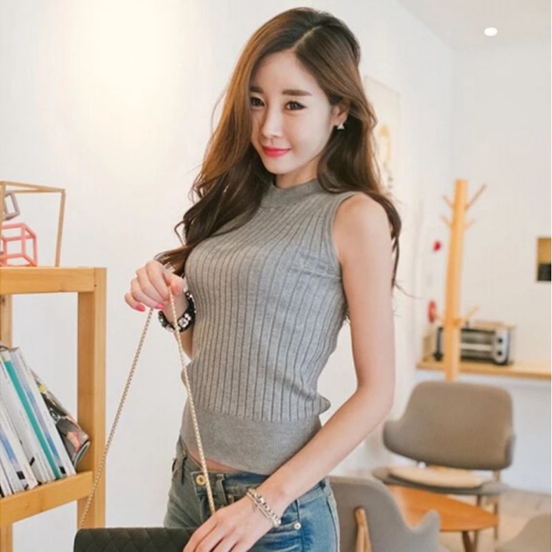 CS024 Tanktop rajut wanita Olla kerah bulat