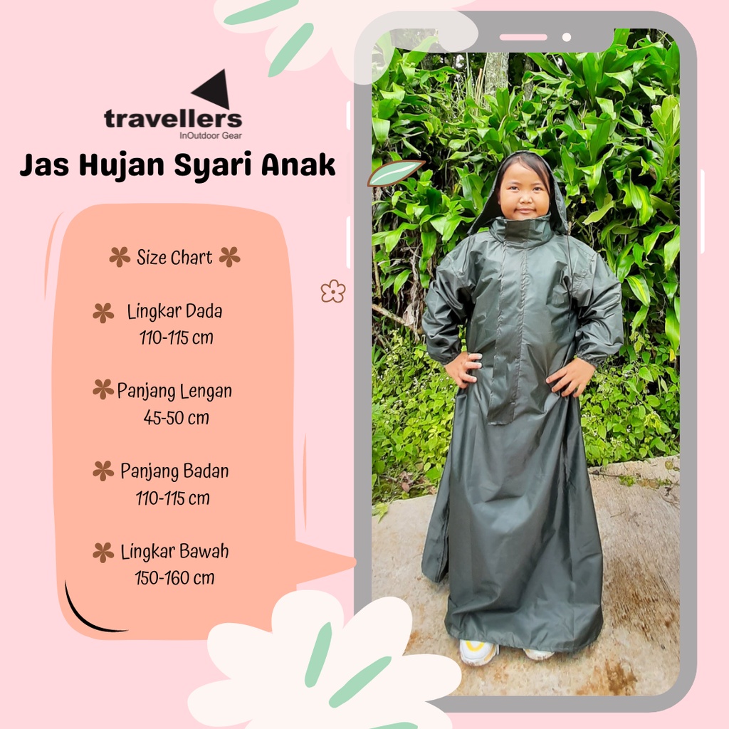 Travellers Traveller Jas Hujan Raincoat Ponco Mantel Mantol Syari Anak Perempuan Laki Laki Tanggung 7-12 Tahun Model Syar i Waterproof Tebal Premium