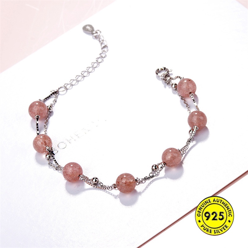 Gelang Lapis Ganda Bahan S925 Silver Aksen Batu Kristal Warna Pink Strawberry Untuk Wanita