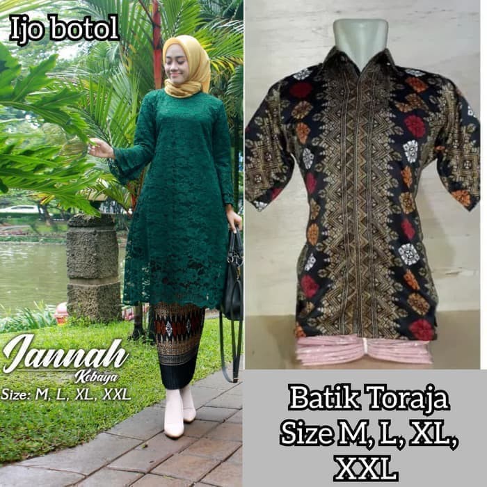Set Couple Kebaya Tunik Modern Hijau Kemeja Lengan Pendek