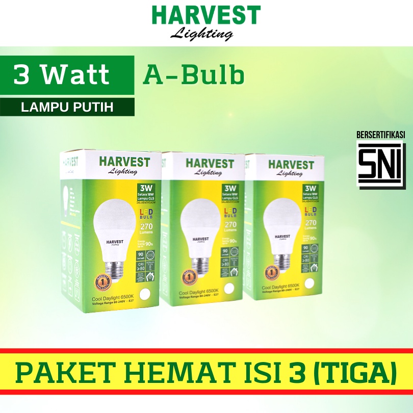 3W - Paket Isi 3 - HARVEST LIGHTING Lampu Bohlam LED A Bulb  3 Watt Lampu Hemat Energi Original Bersertifikasi SNI dan Bergaransi