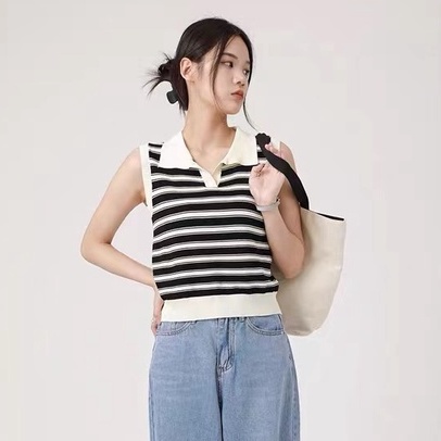 【Elegant】Striped Sleeveless Turn-down Collar Vest 7492