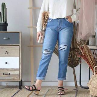 CUTELY Celana  Boyfriend  Jeans Wanita Sobek Lapis  Furing 