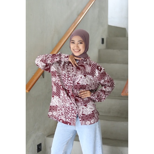 Kemeja Wanita / Kemeja Wanita Motif Oversize /Clody Pattern Maroon / Jumbo Murah