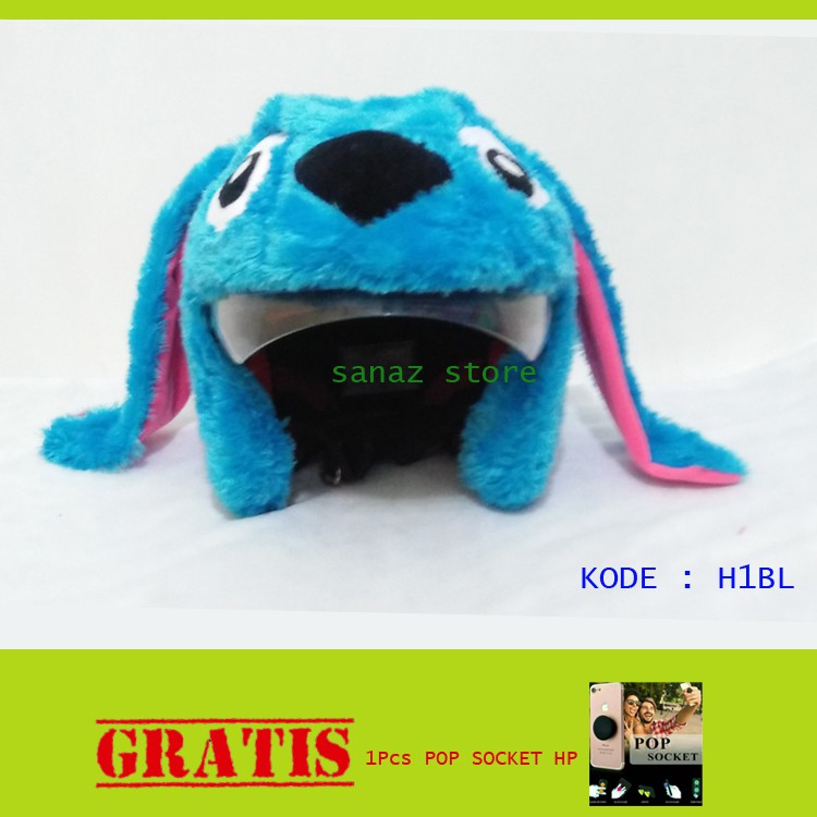 Cover Sarung Helm Halfface Karakter Stitch Biru - Sarung Cover Helm Boneka - Berhadiah Pop Socket HP