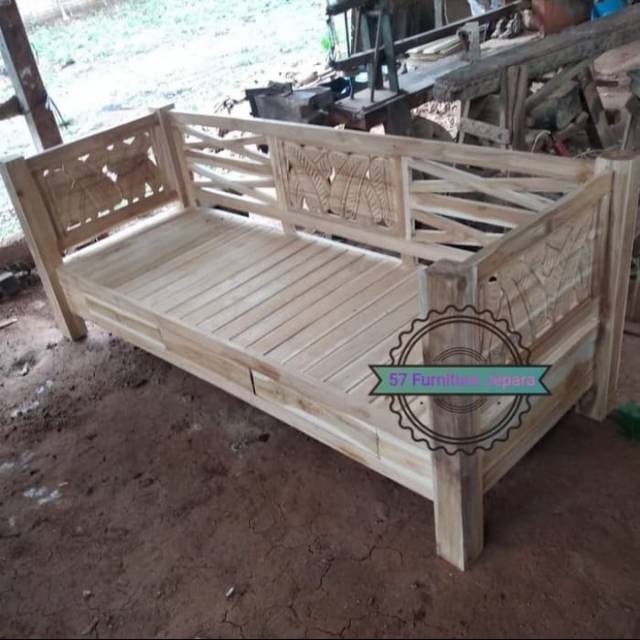 Kursi panjang Minimalis ukir Jepara/bangku bale bale jati Jepara  laci 2