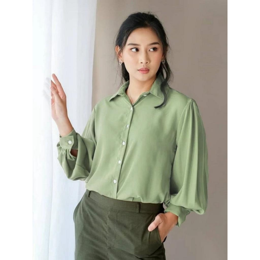 Kemeja Crinkle Wanita Hitam Polos  Lengan Balon Rempel By AS3
