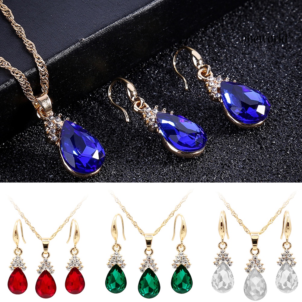 OW@ Vintage Teardrop Rhinestone Women Jewelry Set Necklace Hook Earrings Pendants