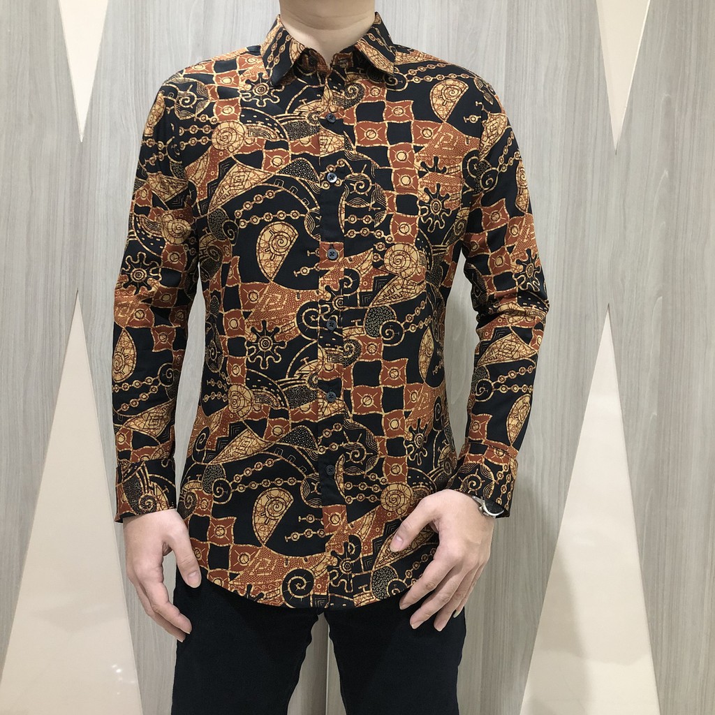 [GRIDLINE - LS071 Nature Black &amp; LS067 Colorful Black &amp; LS032 Light Brown] Kemeja Batik SlimFit Pria Katun Lengan Panjang Motif Elegan