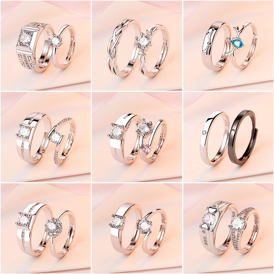 New 2pcs/set Couples Rings Adjustable Sterling Silver Lover