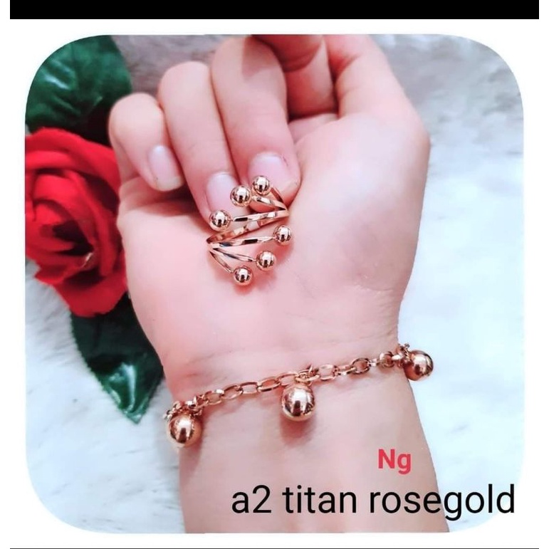 Set Gelang dan Cincin Titanium Bola-bola Gelang Rantai Rosegold