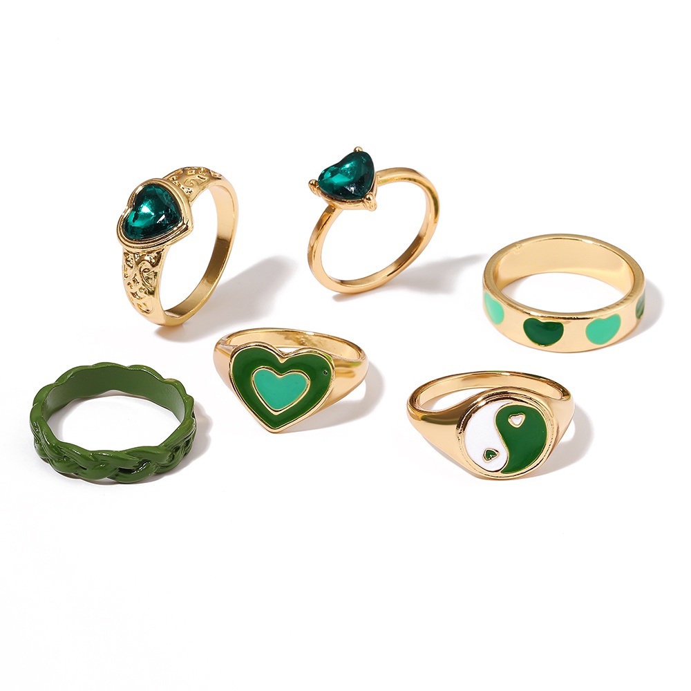 6pcs/set Green Heart Gold Rings Set Crystal Tai Chi Ring for Women Jewelry Fashion Accessories