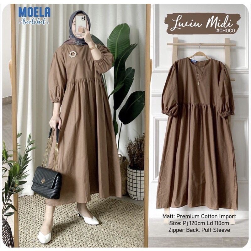 Luciu Midi Dress Mola Katun Rayon Premium Tangan Balon Jumbo LD 110 [COD]