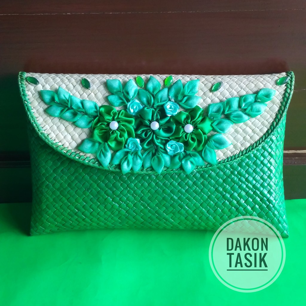 Clutch Pesta Motif Bunga Anyaman Pandan etnik /Cluth Bunga Full Kecil + Rantai