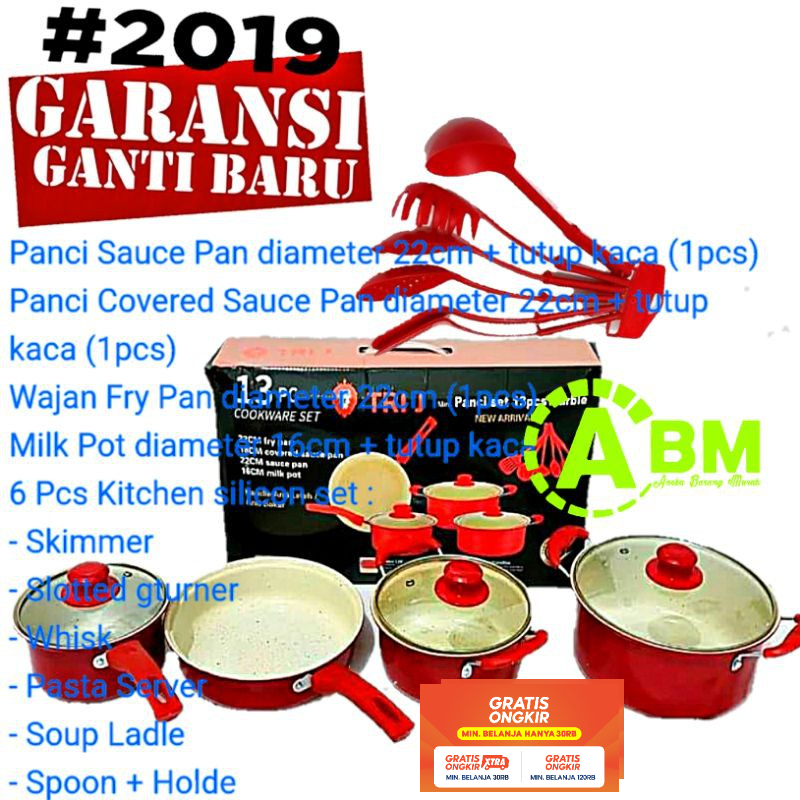 TRI J Panci Set 13 pcs Tutup Kaca Teflon Serbaguna Anti Lengket Dan Anti Karat
