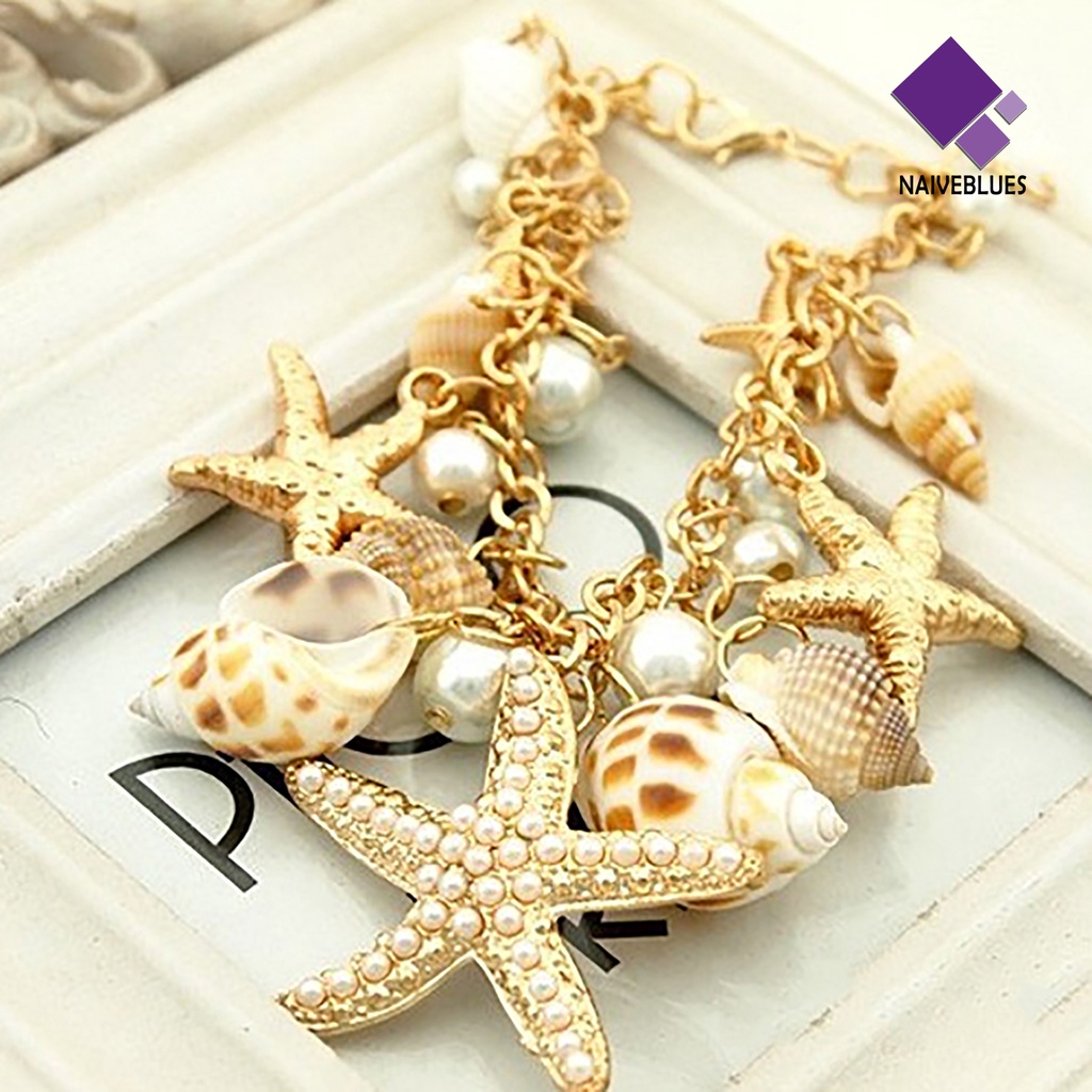 Naiveblue &gt; Gelang Tangan Rantai Adjustable Motif Laut Warna Gold Untuk Wanita / Pantai