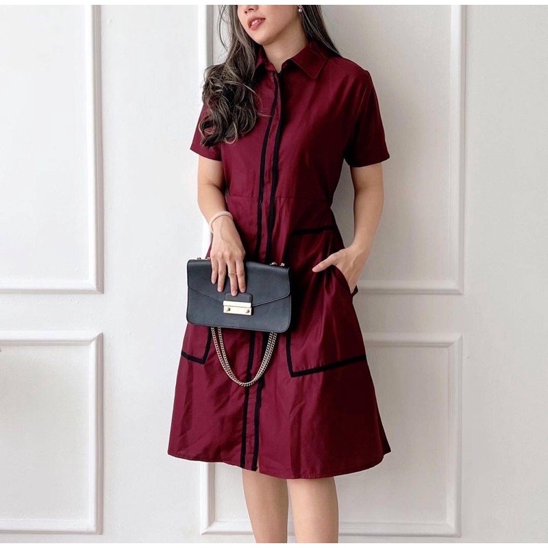 DRESS WANITA KOREA PREMIUM IMPORT BANGKOK KOREAN STYLE MIDI SHIRT DRESS JEVIA