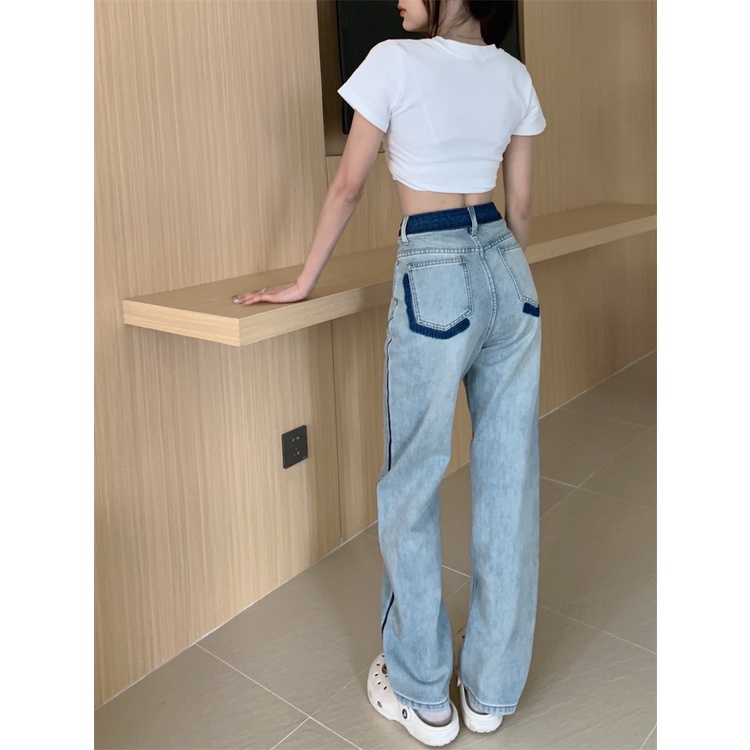 Celana Jeans Gaya Korea Pinggang Tinggi Jahitan Lurus Jeans Wanita Musim Panas Warna Ringan Longgar