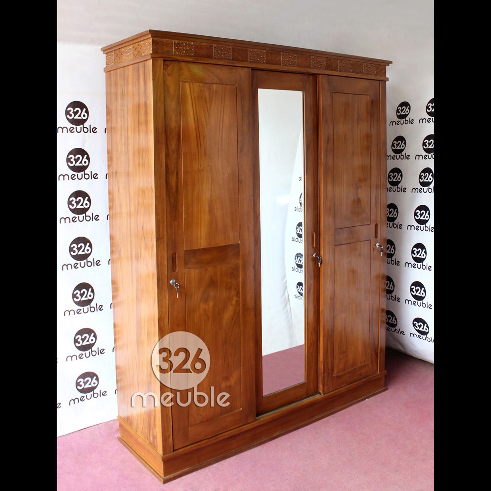 Lemari 3 Pintu Jati Mebel Jepara, Almari Pakaian Minimalis Sliding