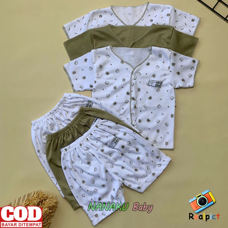 Isi 6 PCS Baju Celana Bayi / 3 Setel Baju Lengan Pendek Celana Pendek Bayi Usia 0-3 Bulan Seri Army - Anababy