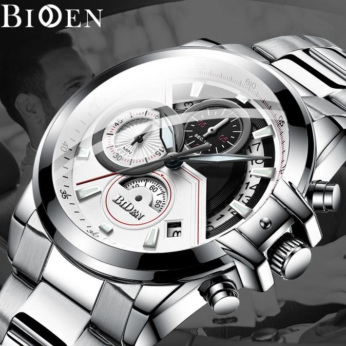 jam tangan Biden pria fashion cool stainlesssteel sport bisnis quartz - Perak