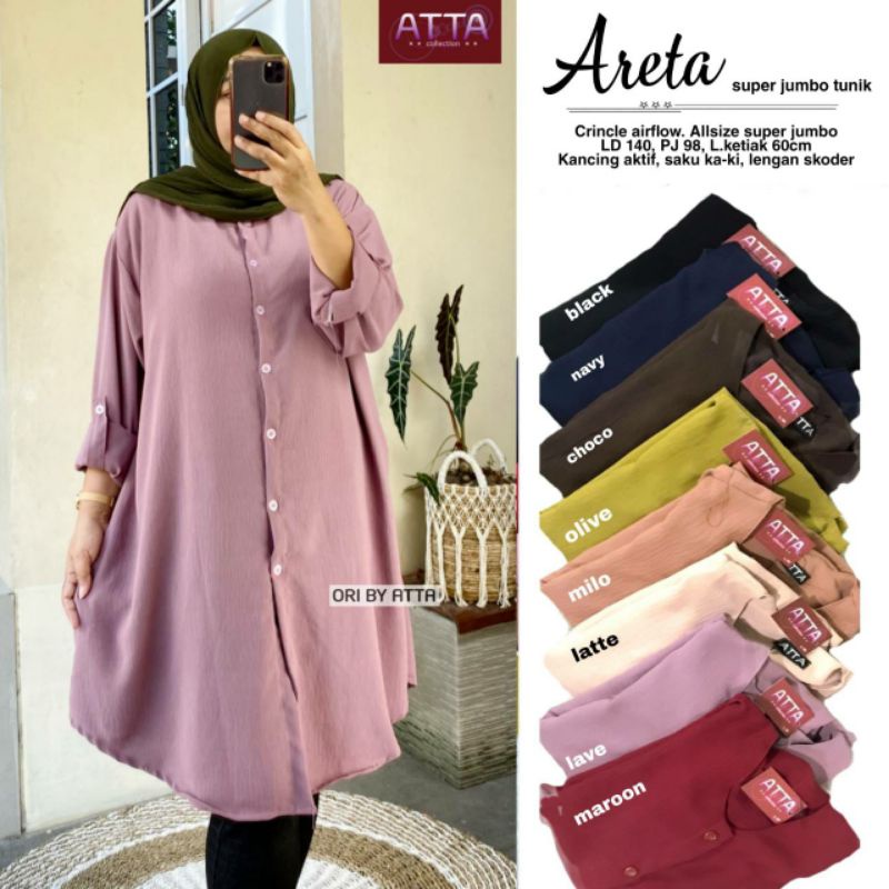 TUNIK SUPER JUMBO LD 140 ATASAN POLOS CRINKLE AIRFLOW KEKINIAN BUSUI KANCING DEPAN ARETA TUNIK BY AT