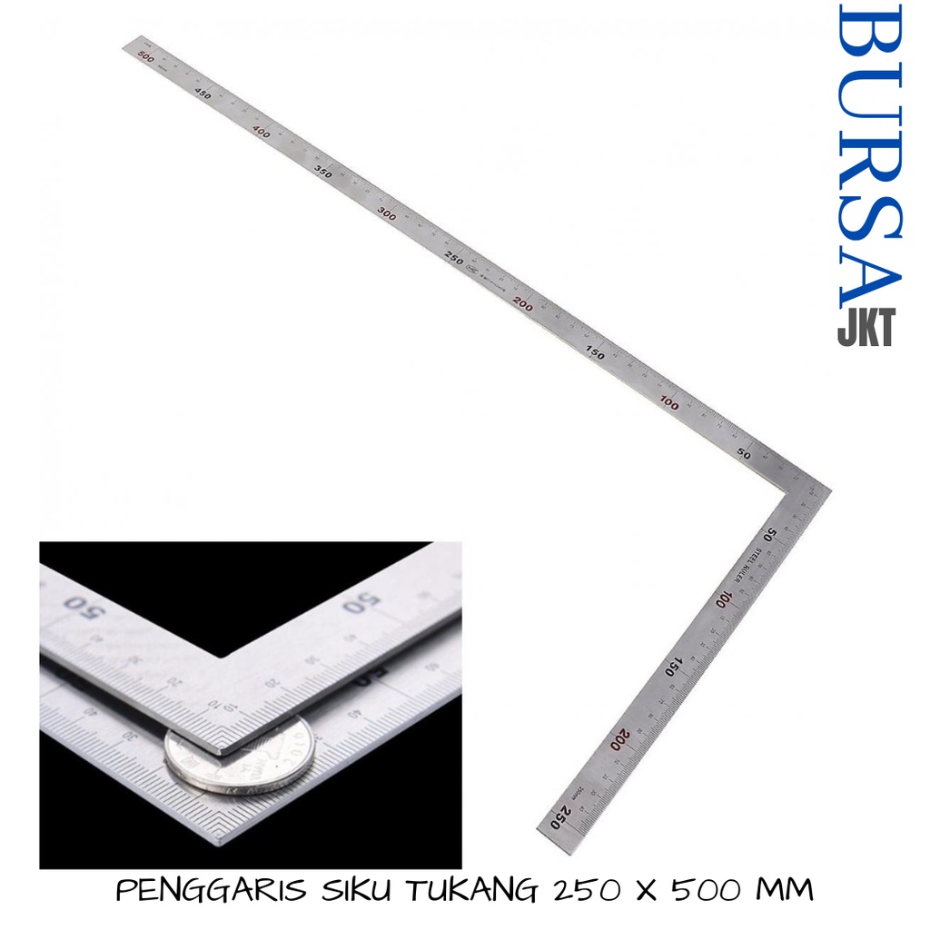 PENGGARIS SIKU 90 DERAJAT STAINLESS STEEL 50 CM ALAT PERTUKANGAN DUA SISI PRESISI