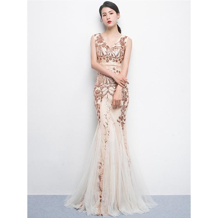Gaun Pesta Malam Party Dress Champagne Gold Sequins Embroider Evening Dress Elegant Mermaid Tulle Fo