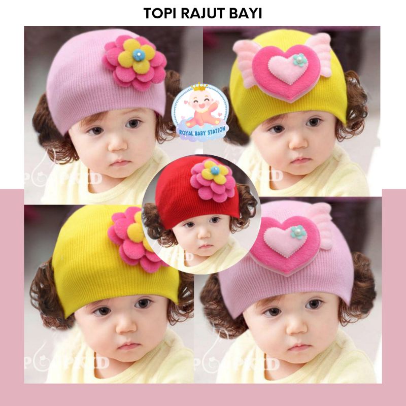 Topi Rajut Bayi Perempuan Kupluk Dengan Rambut Palsu Wig pendek 1-5 tahun